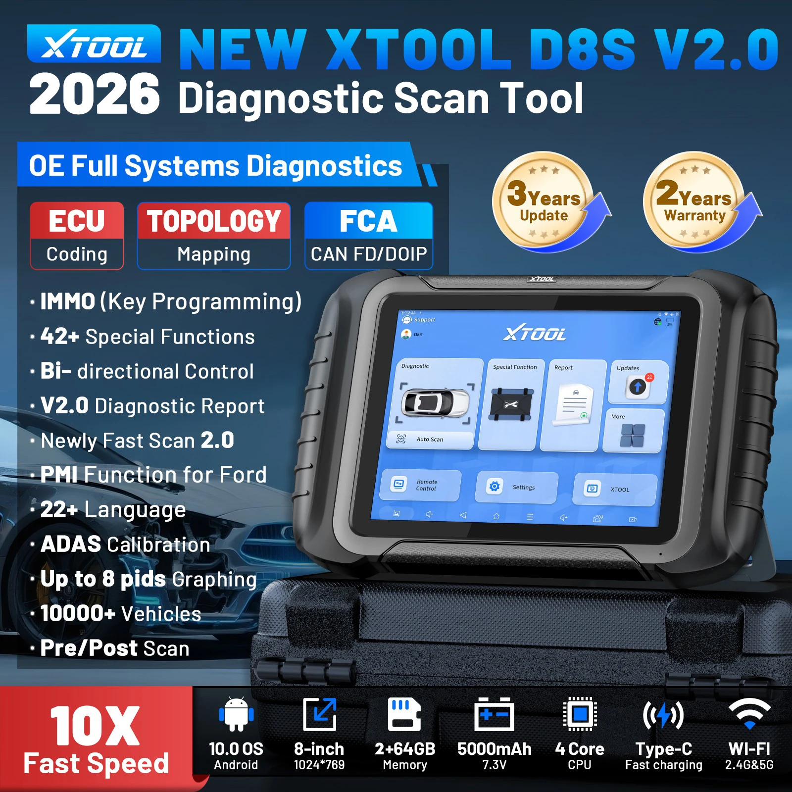 XTOOL D8S V2.0 Automotive Diagnostic Tool Online ECU Coding Topology Map Key Programming Car Scanner with 42+ Resets FCA CAN FD
