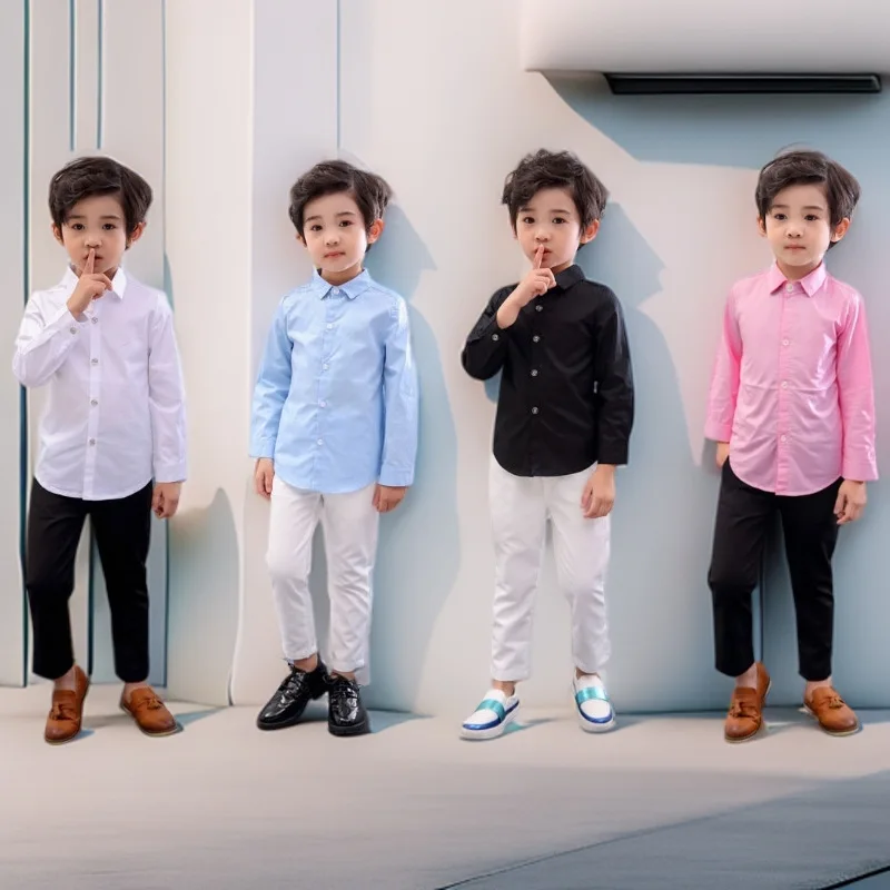 baby boys Solid Color cotton Suit Shirt  teenager kids Long Sleeve Tops 1-15Y Childrens clothes
