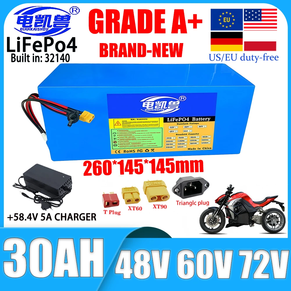 

New 48V 60V 72V 30ah LiFePo4 battery pack 32140 rechargeable battery DIY built-in BMS 0-3600W motor high-power electric vehicle