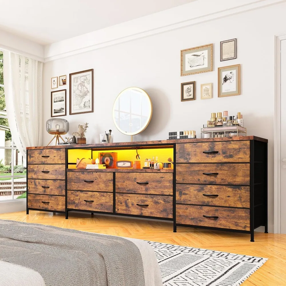 75 Inch TV 63" W Dresser TV Stand for Bedroom with LED Lights & Power Outlets & 12 Drawers Dresser image 6