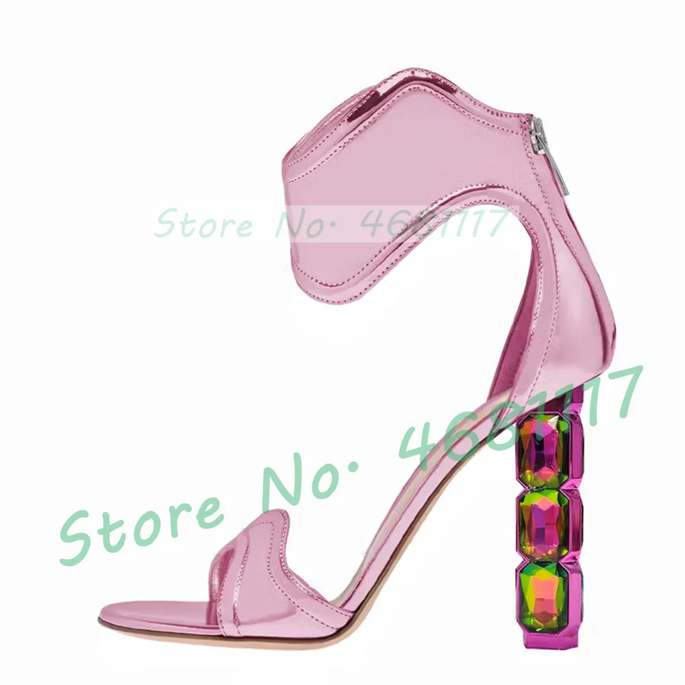 Pink Curved Straps Gem Heel Sandals Women Mirrored-leather High Heels Stylish Shoes Ladies Trending Back Zipper Party Sandals