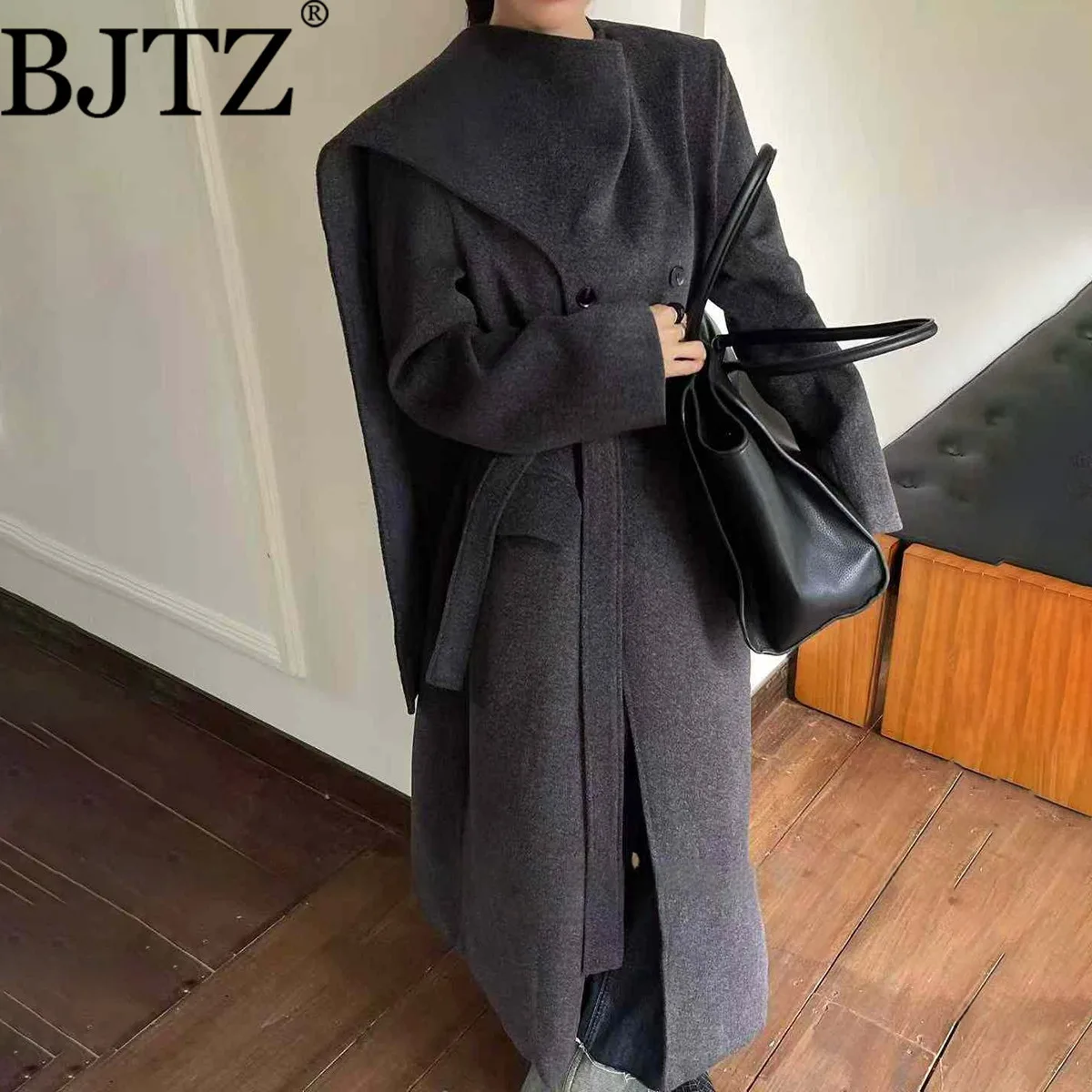 

BJTZ 2025, новая женская длинная шерстяная куртка с шарфом и воротником, зимняя трендовая элегантная модная темпераментная женская верхняя одежда с поясом на талии