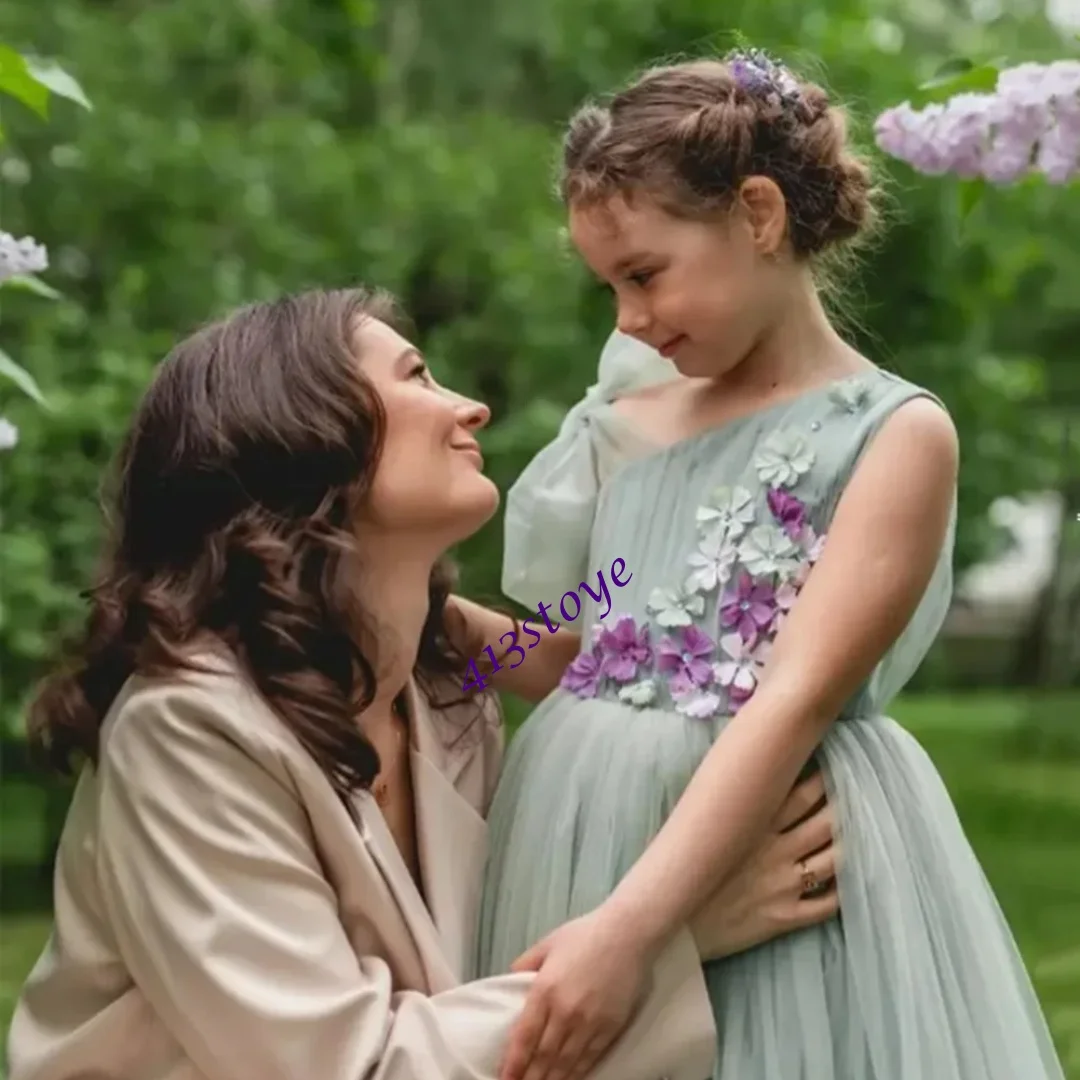 فساتين فتاة الزهور باللون الأخضر الفاتح مخصصة لحفلات الزفاف مزينة بالزهور من التول الأنيق للأطفال وحفلات أعياد الميلاد الأولى #5