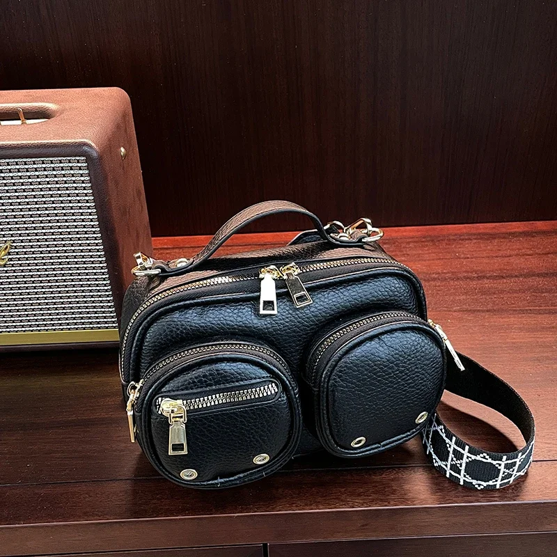 

Multi Zip Pocket Messenger Bag Women Wide Strap Shoulder Handbag And Purse Solid Pu Leather Handbag Clutch Bag Tote Small Bolsos