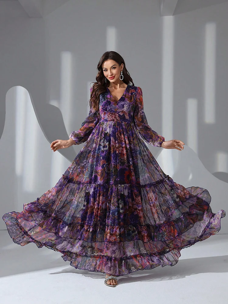 TOLEEN Summer Casual Elegant Boho Vacation Party Dresses 2024 New Women\'s Vintage Floral Print Long Sleeve Ruffle Hem Maxi Dress