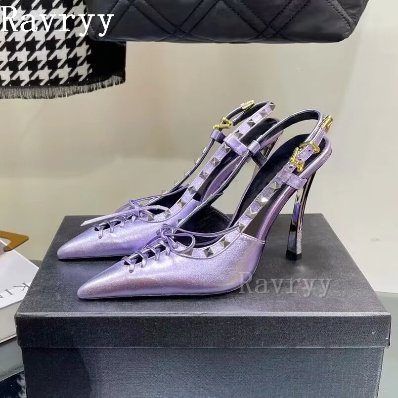 

Summer New Pointed Toe Rivet Buckle Pumps Thin High Heels Women's Fashion Hollow Metal Heel Sexy Stiletto Sandals