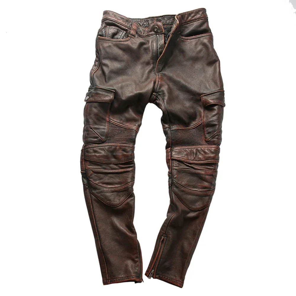 Motorcycle Vintage Biker Pants Genuine Cowhide Trousers Men Leather Pant RidingThick Asian Size 5XL