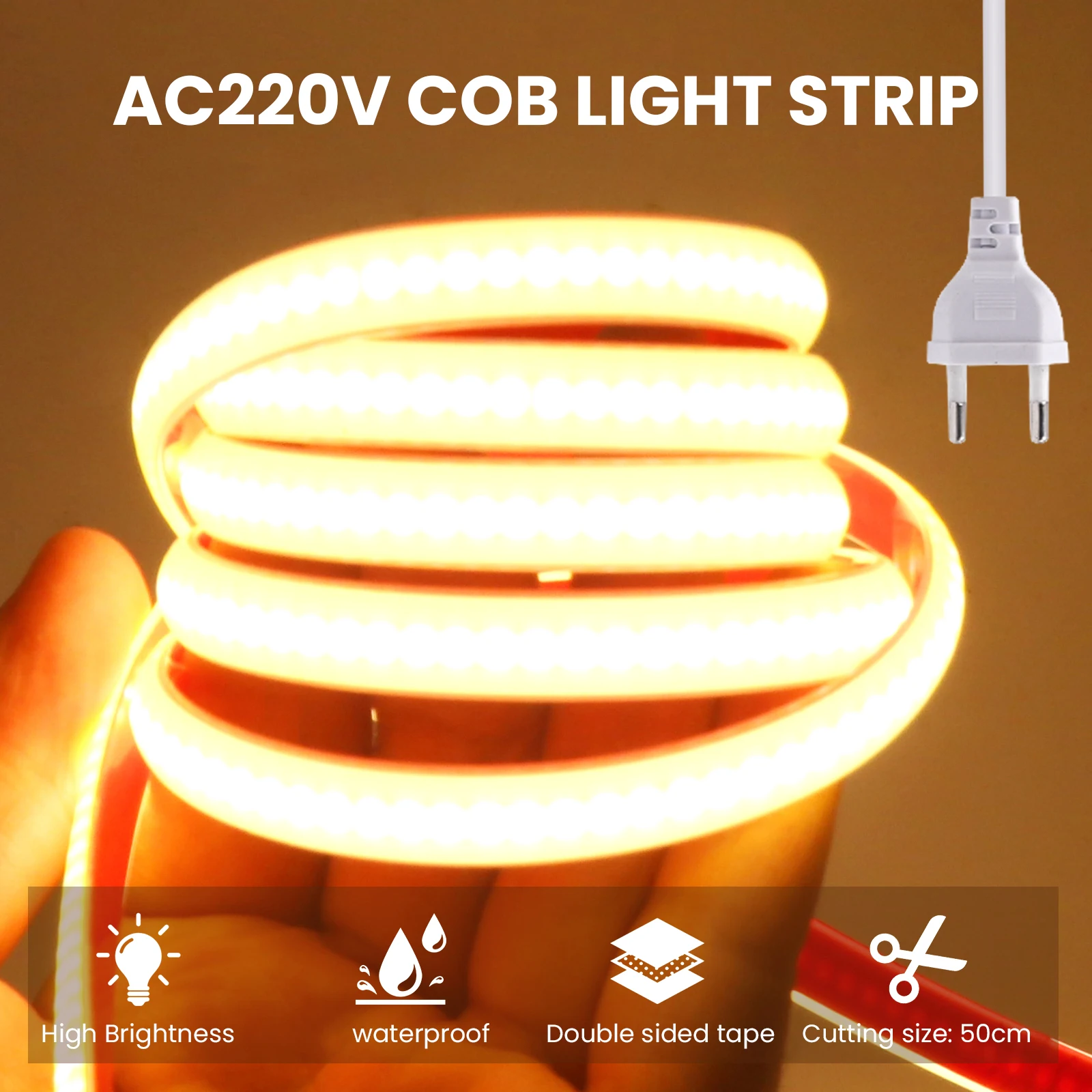

220V COB LED Strip Light IP67 Waterproof AC 3000K 4000K 6000K High Bright Flexible Tape 288LEDs/m EU Power Plug Linear Lighting