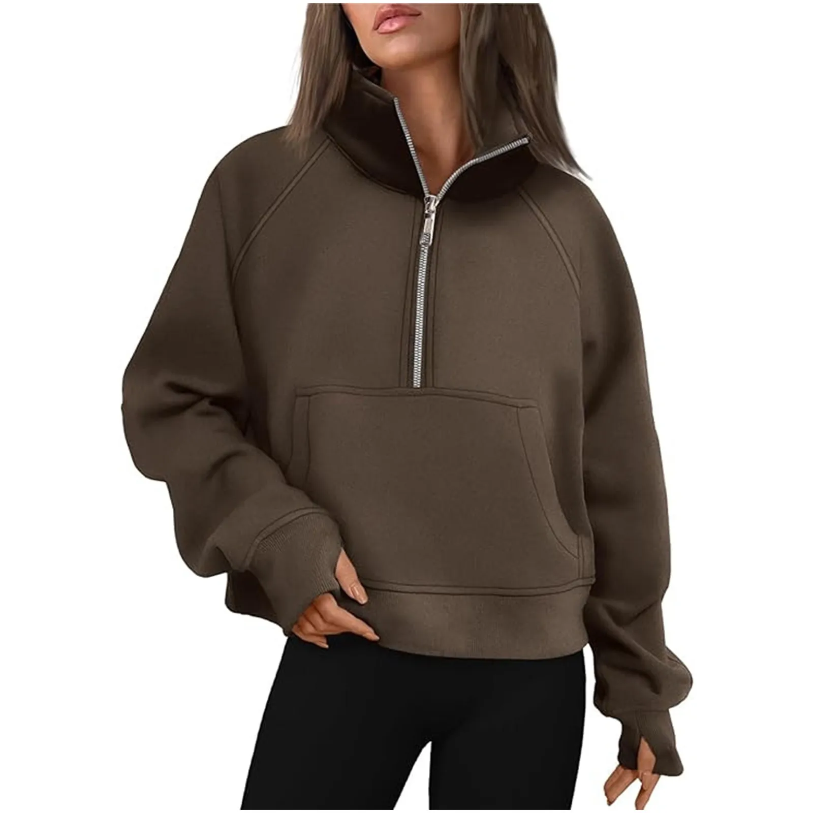 

Autumn Winter New Sports Half Zip Yoga Hoodies Loose Fit Stand Up Collar Fleece Sweatshirts Pocket Casual Crop Pullover Women