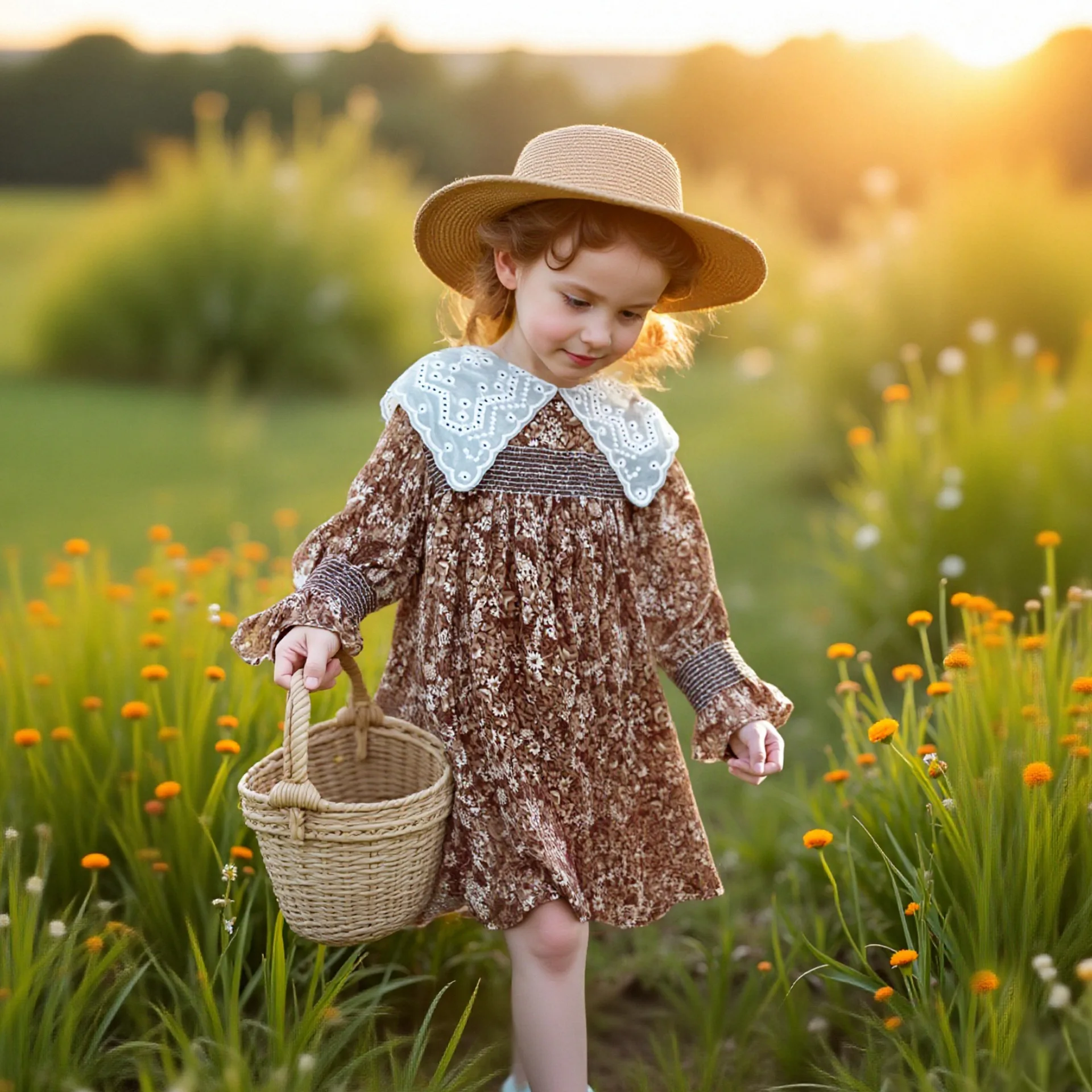 Korean retro floral cable tied dress 2026 spring new item for girls big lace collar girl's stylish princess dress
