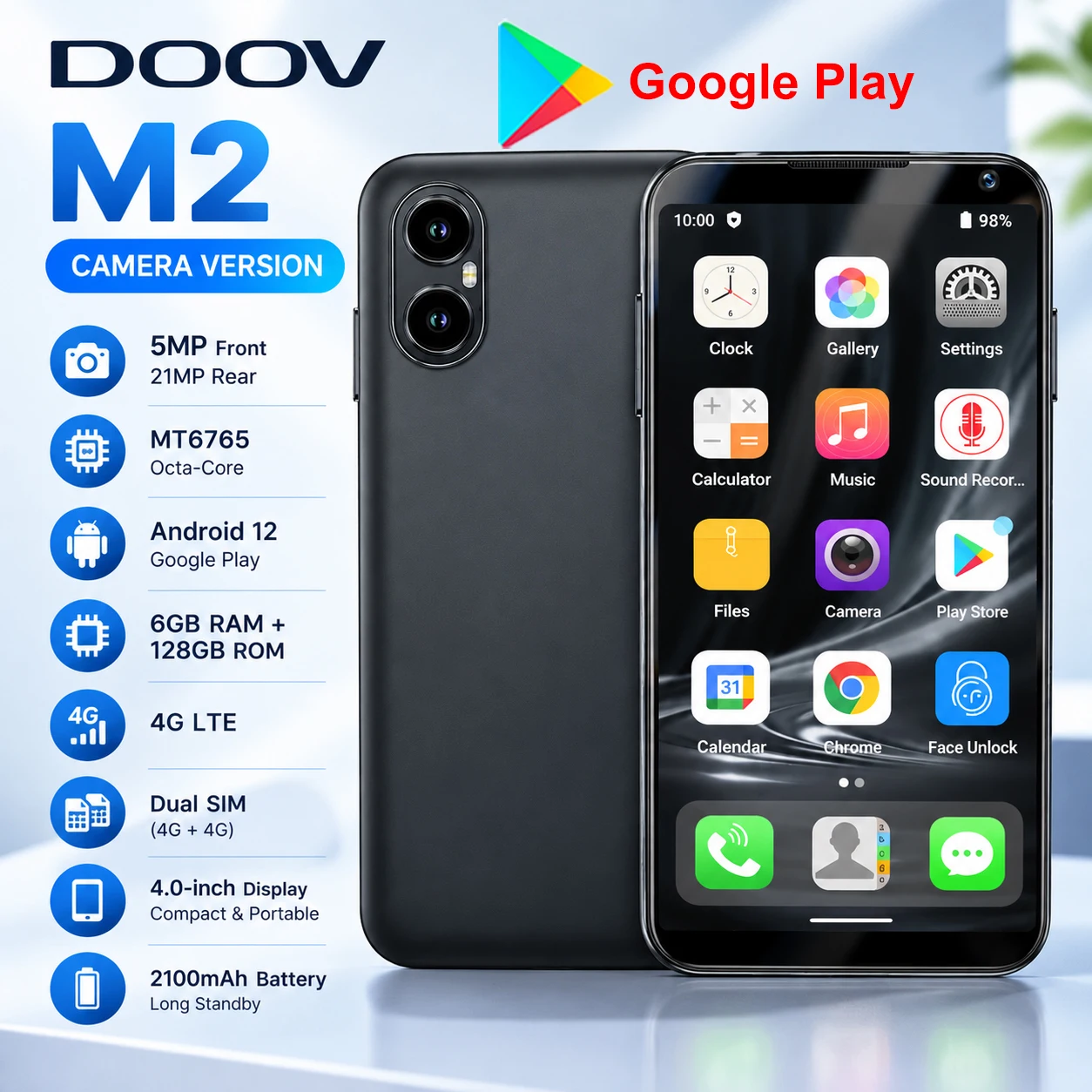DOOV M2 Android 12 Smartphone 6GB RAM 128GB ROM 4G LTE Dual SIM 4.0 Inch Display 5MP Front 21MP Rear Camera 2100mAh Battery Goog