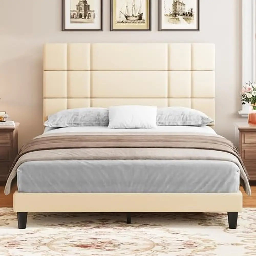 

Queen Size Upholstered Bed Frame with Anti-Scratch Wooden Legs Noise-Reducing Headboard No Box Needed Sturdy & Stylish Maximum