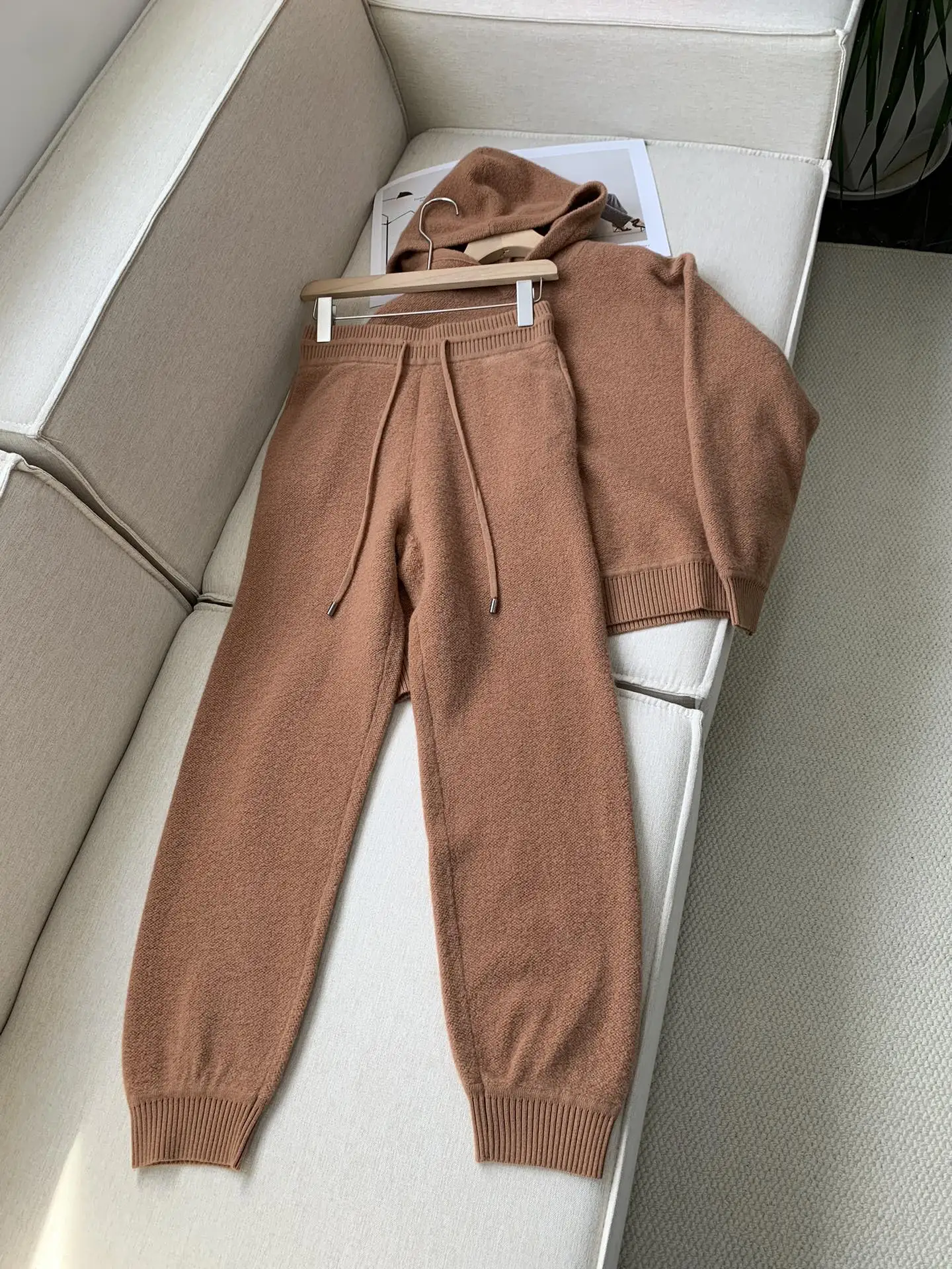 

Women's Cashmere and Wool Set Autumn Winter Long Sleeve Hooded Sweater or Elastic Waist Straight Long Pants Loose Warm Suit