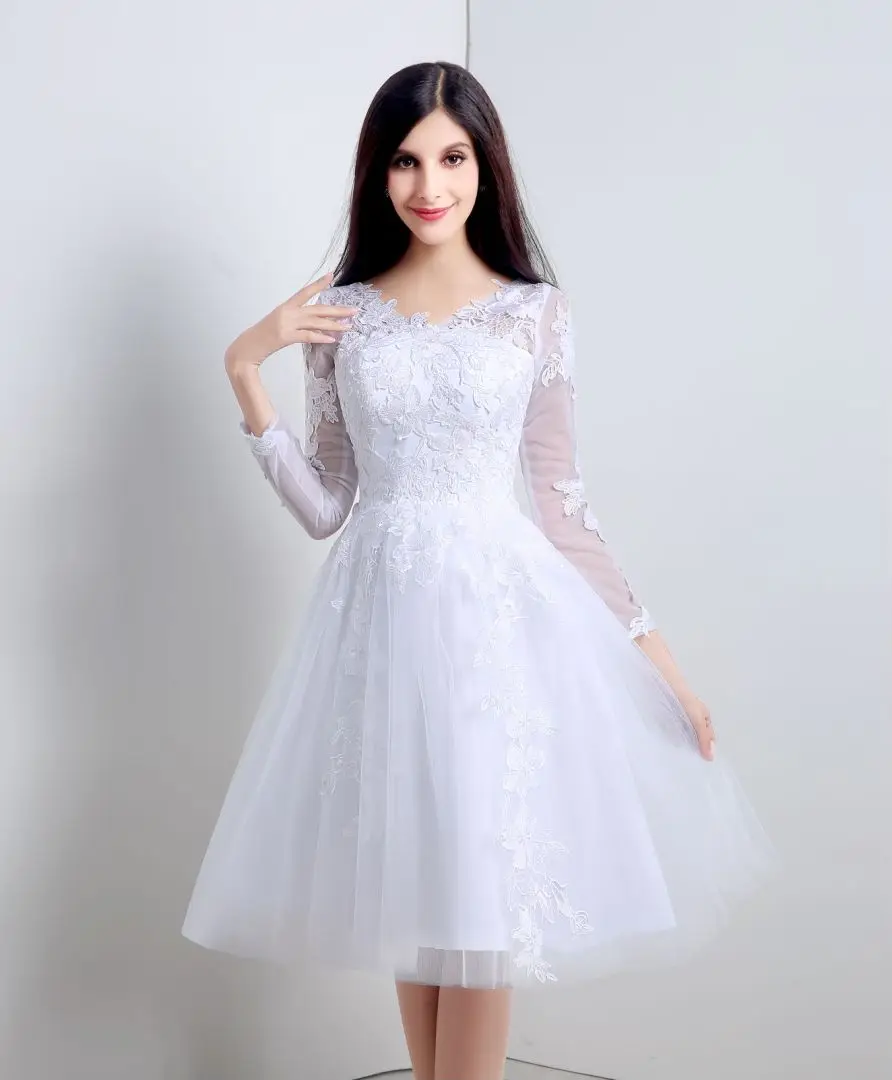 Vestido de noche blanco elegante, vestido de novia para mujer, Apliques de tul de encaje con cuello en V, mangas largas, vestidos formales de fiesta para dama de honor