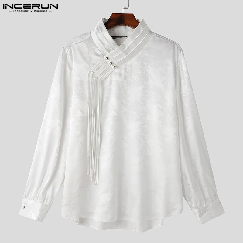 INCERUN 2024 Men Shirt Jacquard Stand Collar Long Sleeve Vintage Casual Men Clothing Streetwear Loose Korean Style Shirts S-5XL