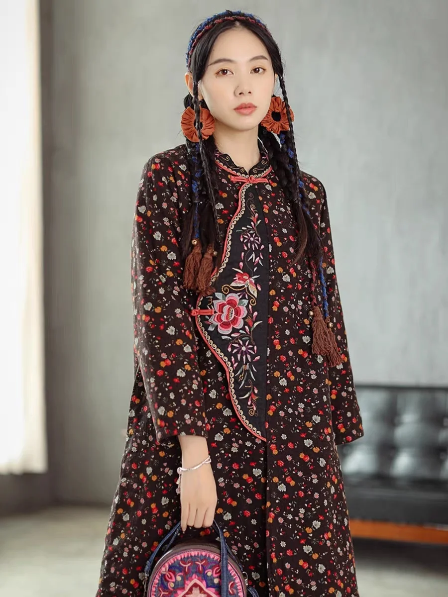

Women's winter clothes Chinese style cotton linen embroidery quilted jacket Vintage loose long coat padded jacket