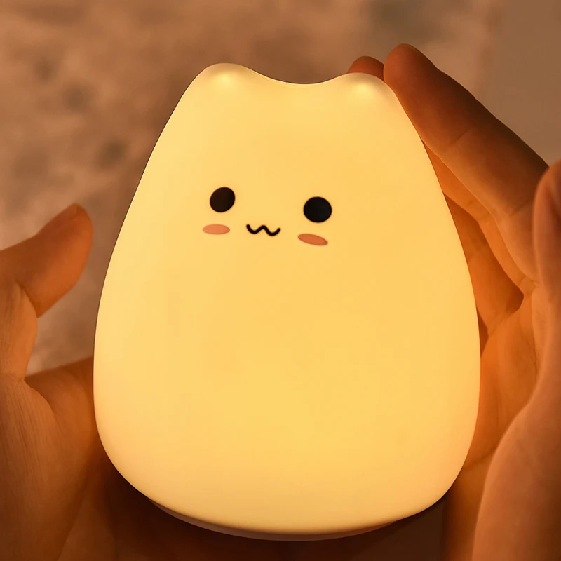 Mini Cute Cartoon Cat Shaped Pat Light Lamp Soft Silicone Nightlight for Kids Room Decor Seven Colors for Home Exhibition Hall