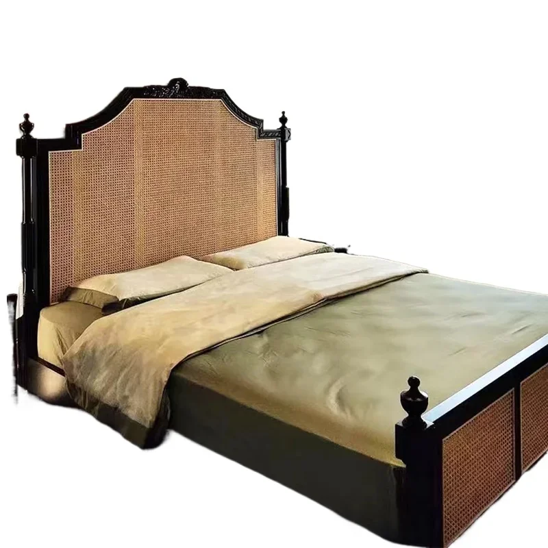 

French medieval rattan bed B & B hotel solid wood double bed retro wind carving 1.8 meters bed