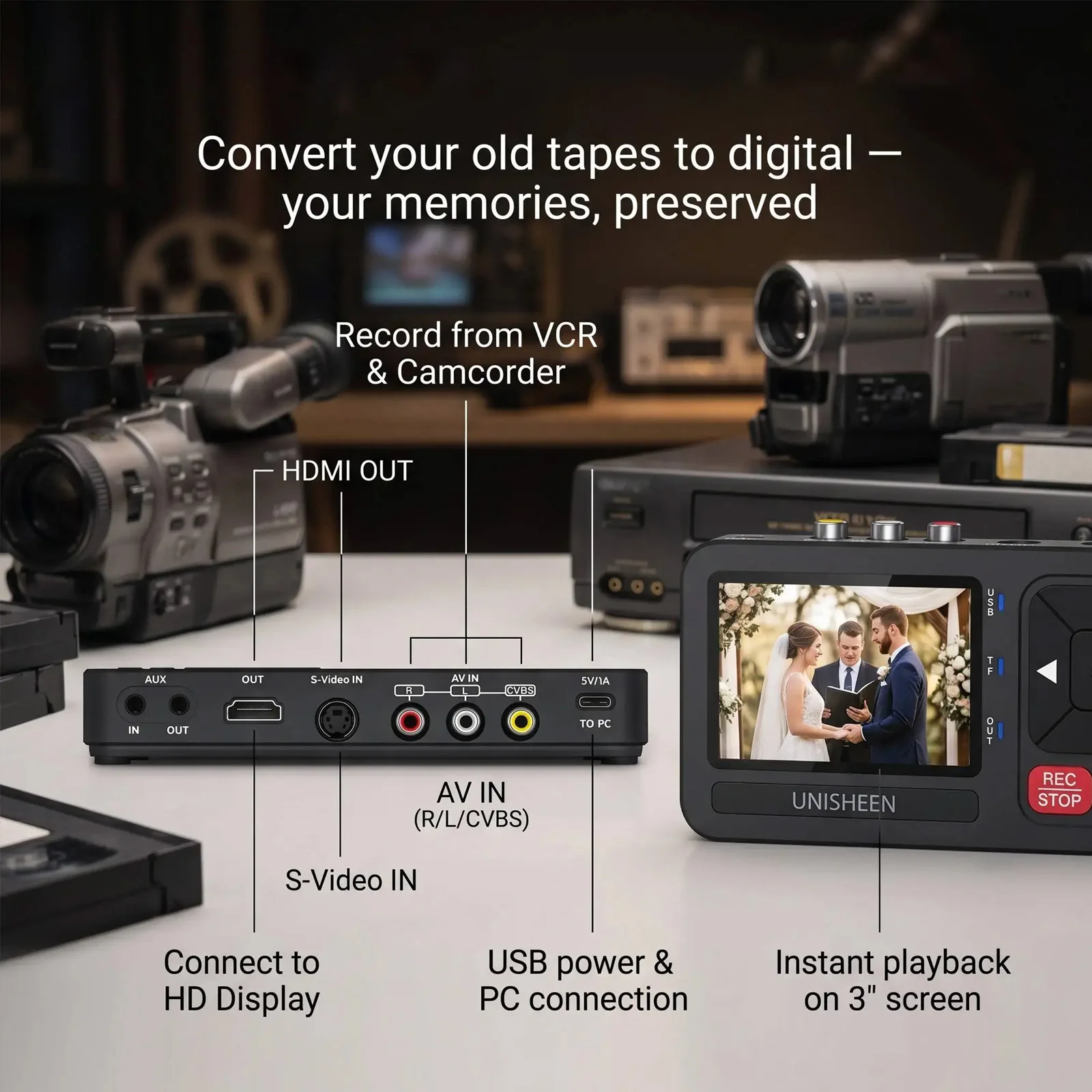 UR230A 1080p Old Camcorder Converter Casette MP3 Reel Mini Small VHS Tape To Flash Digital Video Camera Recorder with 3