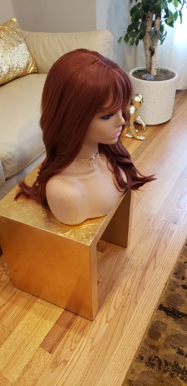 Wig Cosplay US 24 inci dengan poni Rambut Sintetis Wanita Fashion Penggunaan Sehari-hari Merah Anggur