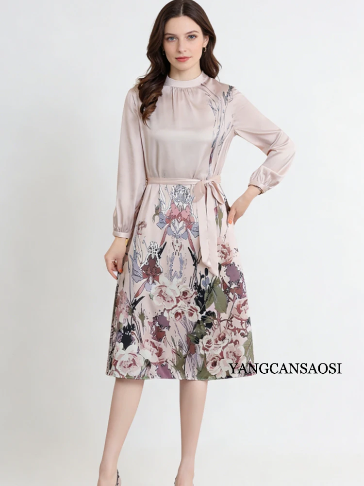 2026 Primavera/Estate delle donne Nuovo Stile 91.8% Seta di Gelso Naturale Raso Elastico Moda Stand-up Manica Corta Stampato Vestito Da Partito