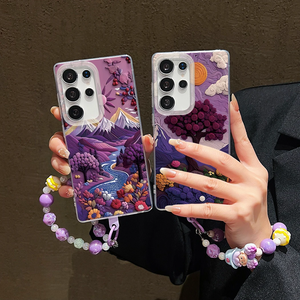 

Back Cover For Samsung Galaxy S22 S23 S24 Plus S25 Ultra Case Purple Flower Mountain Tree Bracelet Wristband Chain Phone Case