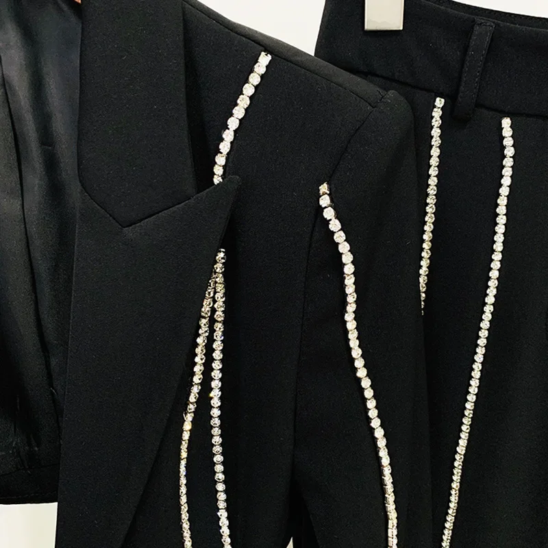 Women Suits Black Prom Party Wedding Dress Custom Dinner Openwork Rhinestone Spike Drill Blazer Trousers Set Two-piece Set