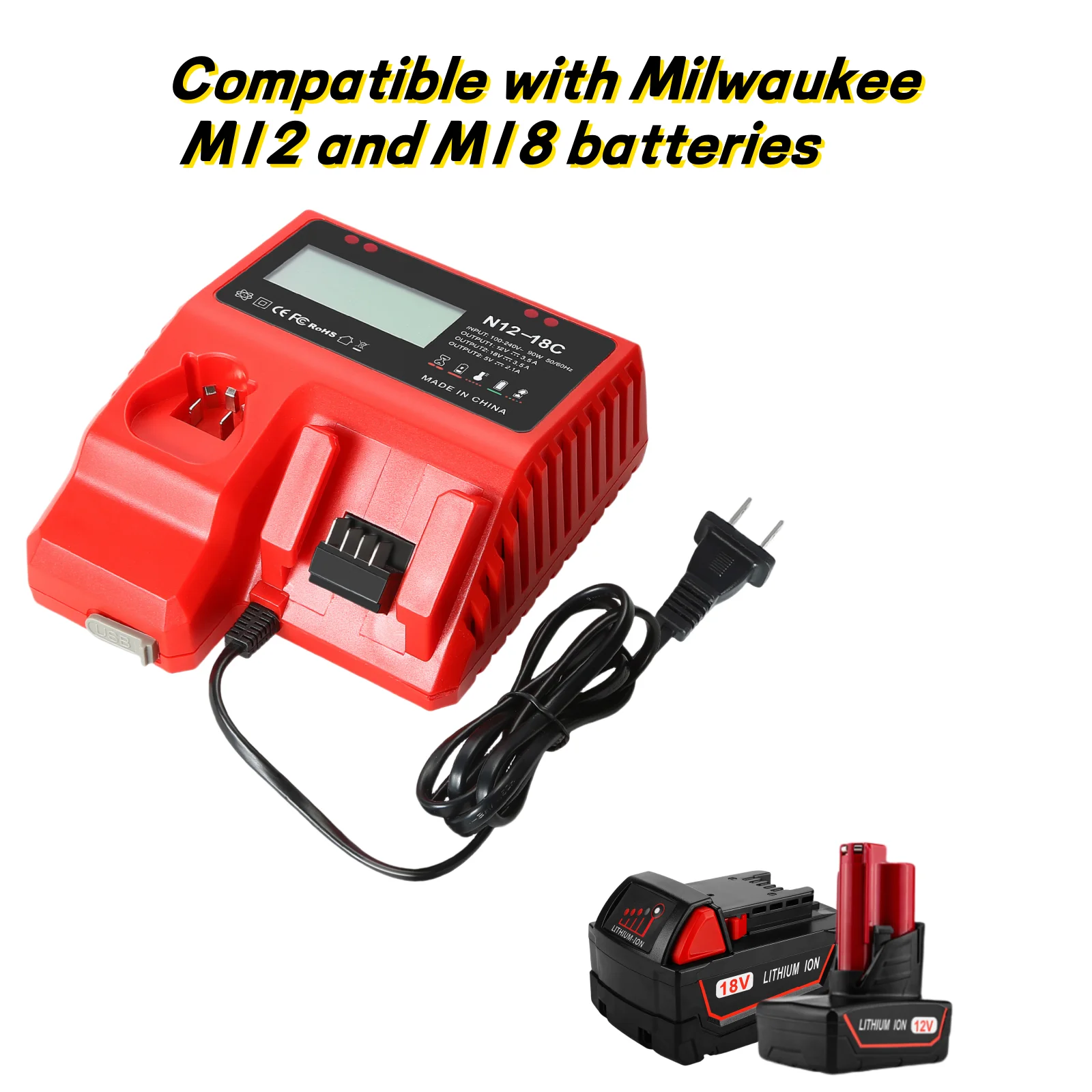 

Victpower For Milwaukee M12 M18 Dual Battery Charger Station Display Screen+USB for Phones |10.8V-18V Input |w/US/EU/AU/UK Plugs