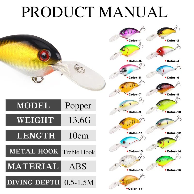 10cm/13.6g 18 Colors Artificial Fishing Lures Kit 3D Eyes Hard Popper Lures for Saltwater Freshwater