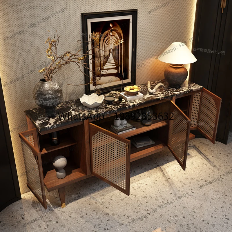 W2 French retro solid wood entrance dining side cabinet wabi sandy rattan medium and ancient style locker