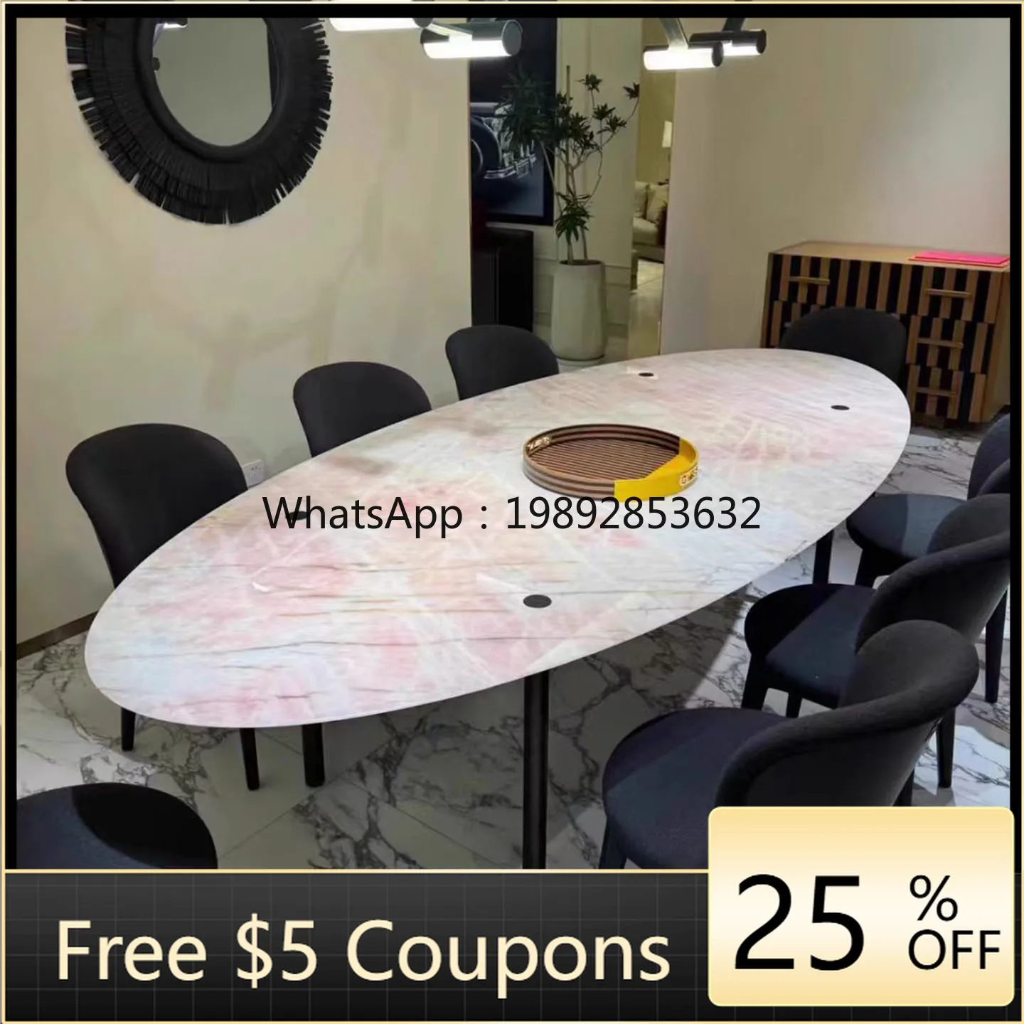 

1LYY Italian Style Light Luxury Pink Jade Marble Dining Table Villa Home Oval Dining Table High-end Dining