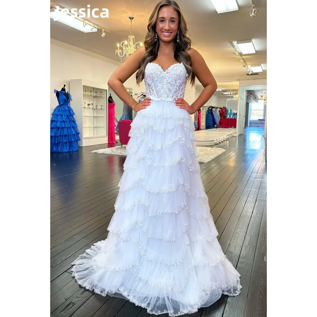 Jessica Sweetheart White Prom Dresses Glitter Tulle Layering Evening Dresses Elegant Lady Formal Occasions Cocktail Dresses