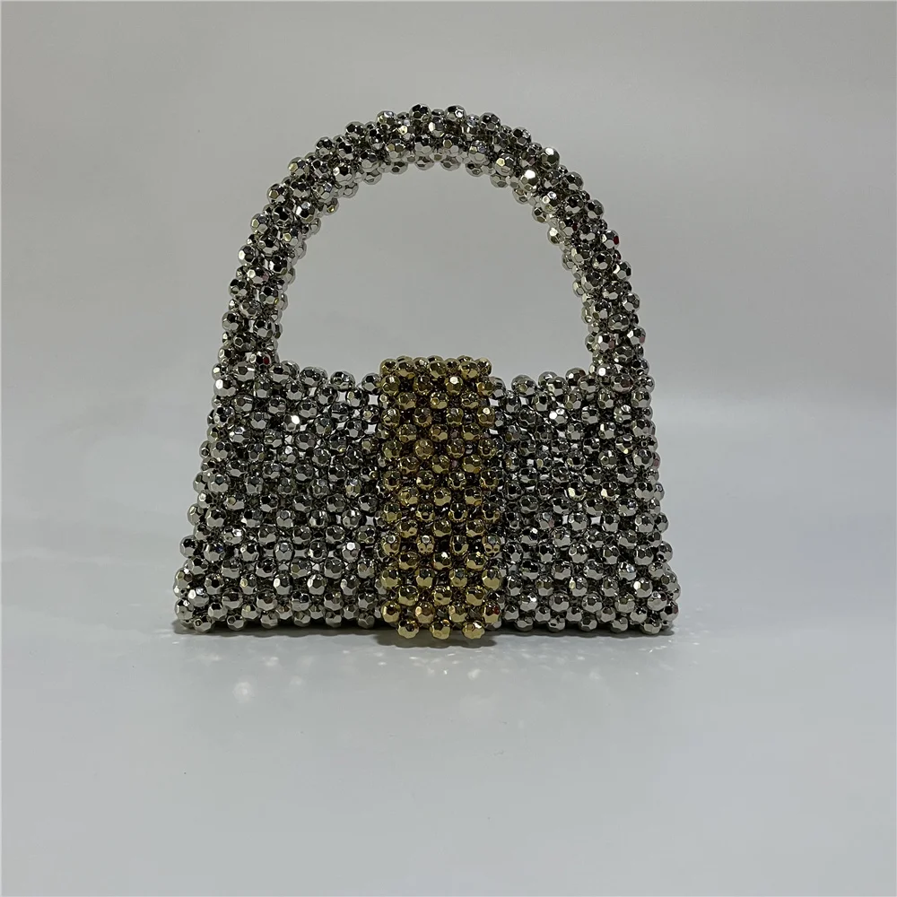 Handmade Beading Bag Lady Silver Gold Plated Shoulder Handle Portable Handbag Flap Bucket Rocky Girl Y2K Bag Clutches Acrylic