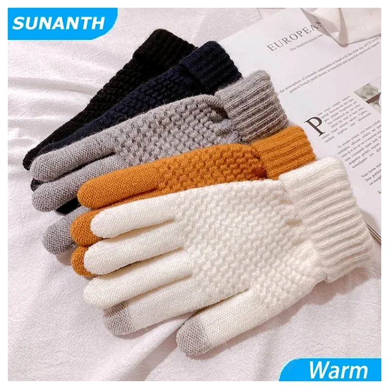 Gloves Mittens Full Finger Stretch Knit Wool Crochet Windproof Warm Winter Guantes Glove for Women Men Female