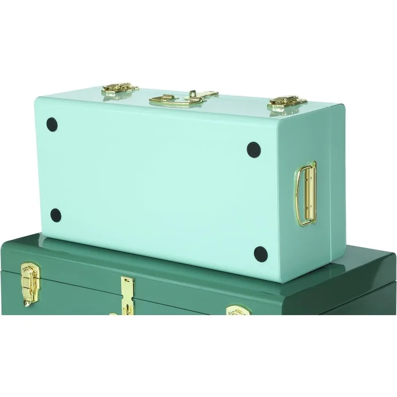 Decorative Large Metal Box Storage Trunk Chest Set of 2 College Dorm Organizer with Hardware Hasps and Handle for Home Deocr