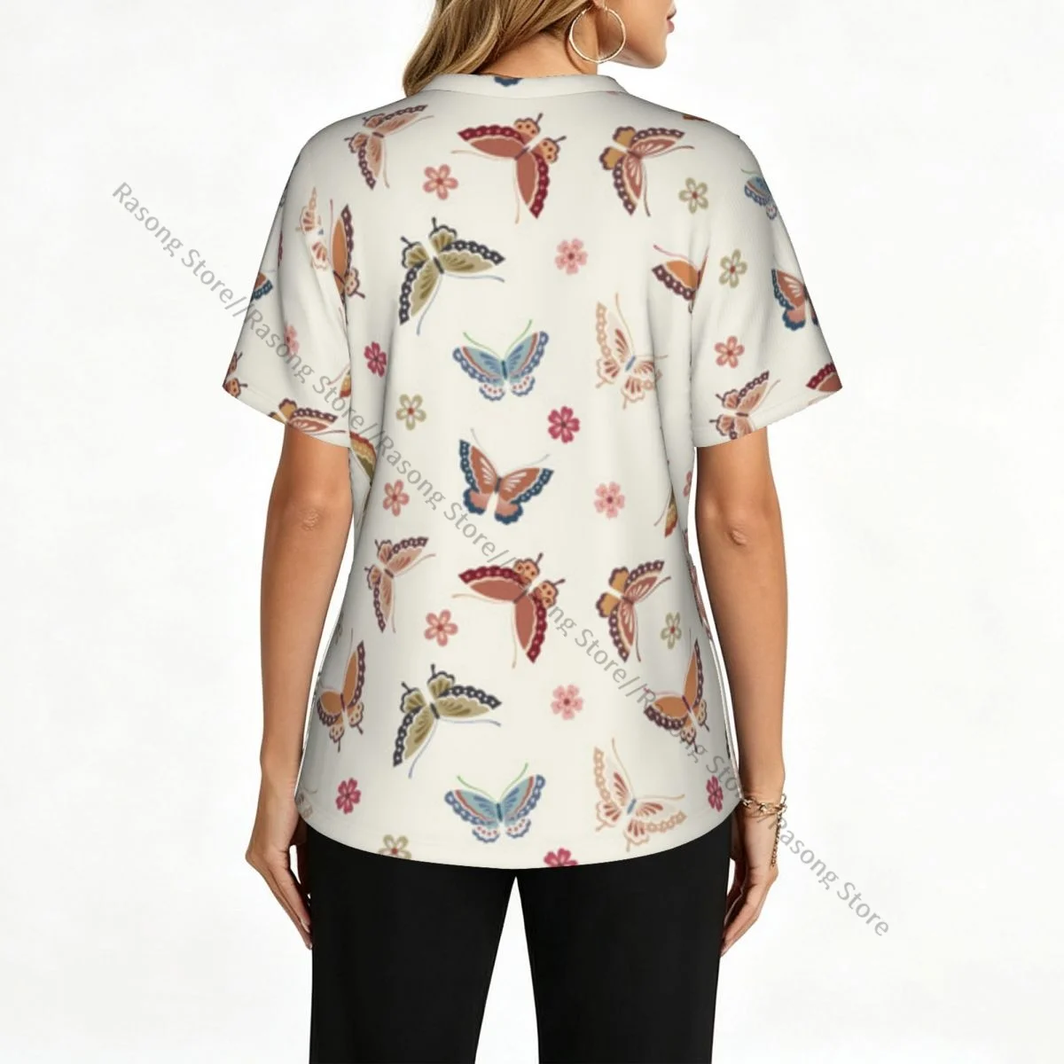 Women Scrubs Blouse Medical Nurse V-neck Clinical Scrubs Top Colorful Japanese Butterflies Flowers Operating Room Work T-shirt