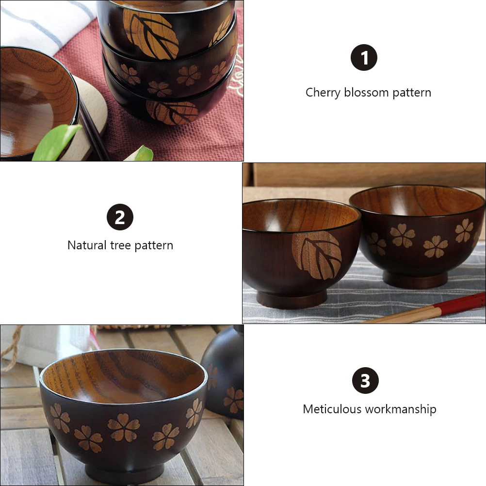 

2pcs Japanese Cherry Blossom Wooden Bowl Eco-Friendly Soup Rice Bowl For Kids Adults Non-Breakable Wood Tableware Food