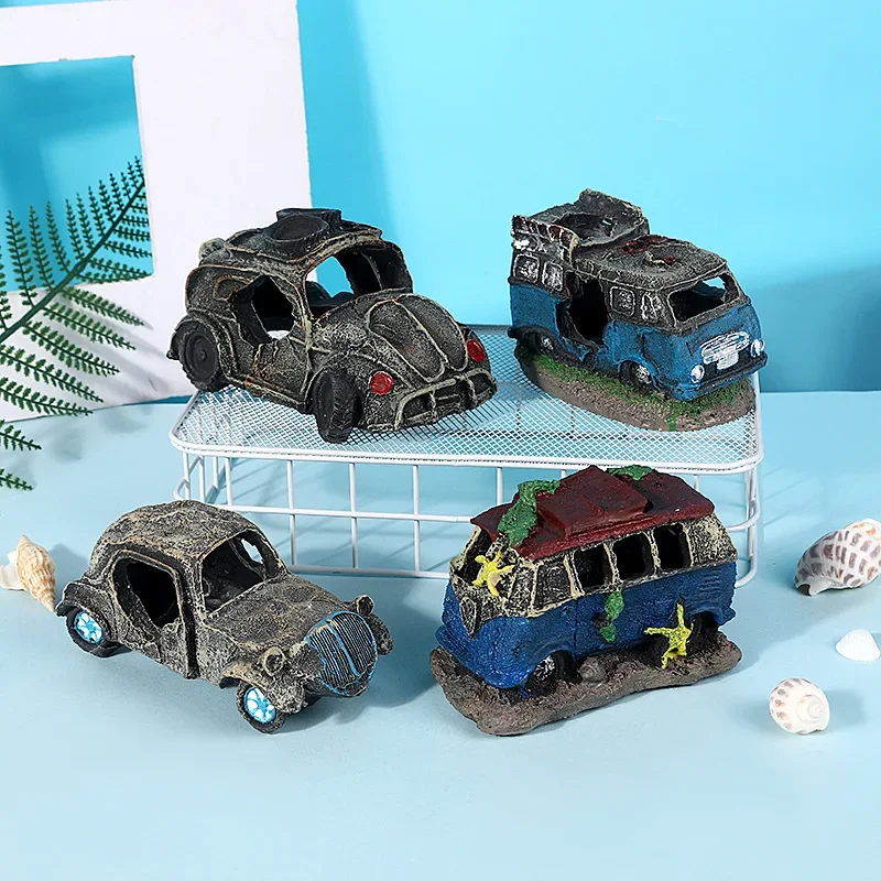 Creative Off-Road Car Wrecked Shrimp Hiding House Simulation School Bus Resin Crafts Aquarium Landscape Decorative Ornaments