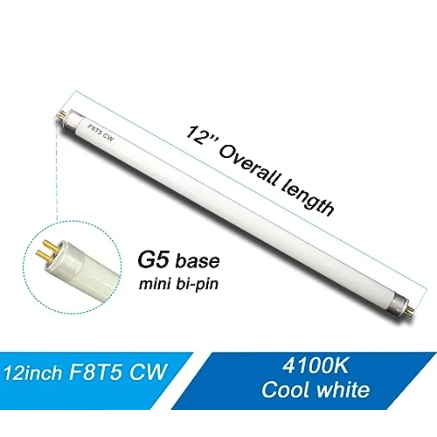 6 Pack F8T5/CW 4100K 12'' Linear Fluorescent Light Bulb, 8W Cool White T5 Tube, G5 Mini Bi Pins Base Replacement for Under Cabi