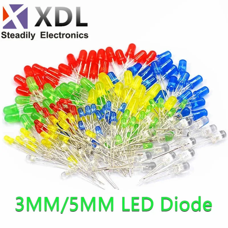 100 PÇS/LOTE 3mm 5mm LED Vermelho Verde Azul Amarelo Alaranjado Branco light emitting diode F3 F5