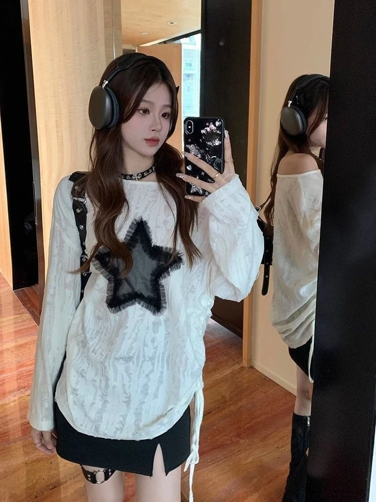 الأمريكية الرجعية طويلة الأكمام تي شيرت مائل الرقبة المرأة عادية StarPrint تيز ثقافة فرعية الهيب هوب الخريف Y2K اليابانية خمر القمم #2