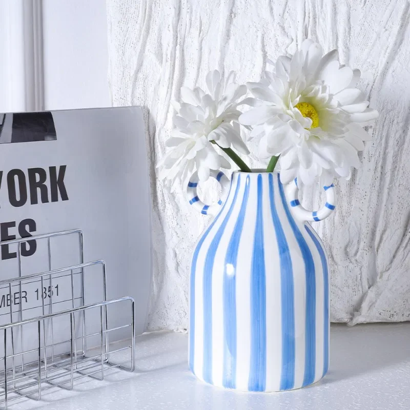 Nordic Ins Style Striped Double Ear Ceramic Vase Hydroponic Flower Planter Ornament