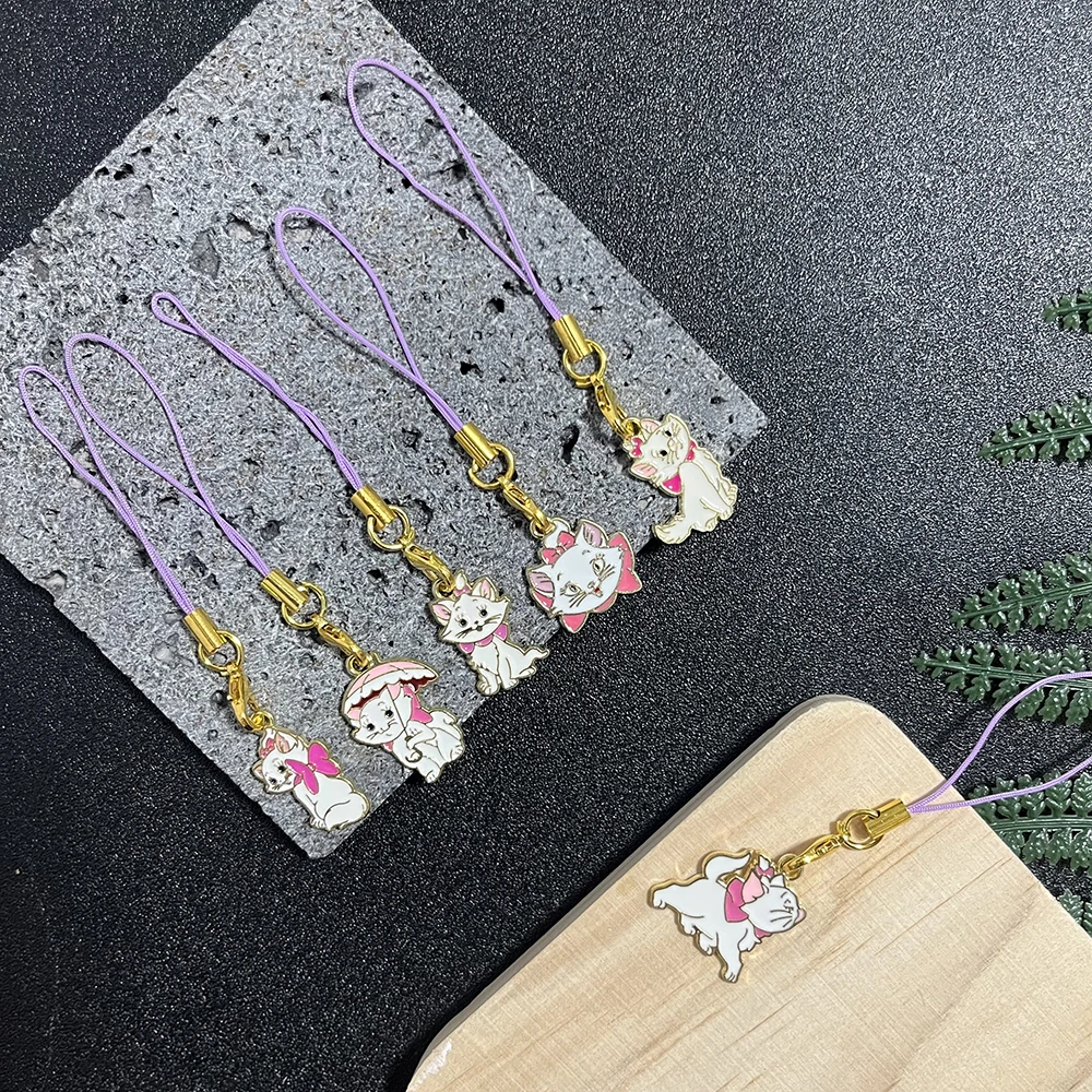 6 قطع ديزني ماري كات سلسلة الهاتف سحر الأزياء سلاسل المفاتيح الحبل لمفاتيح حزام ملحقات الهاتف المحمول #4