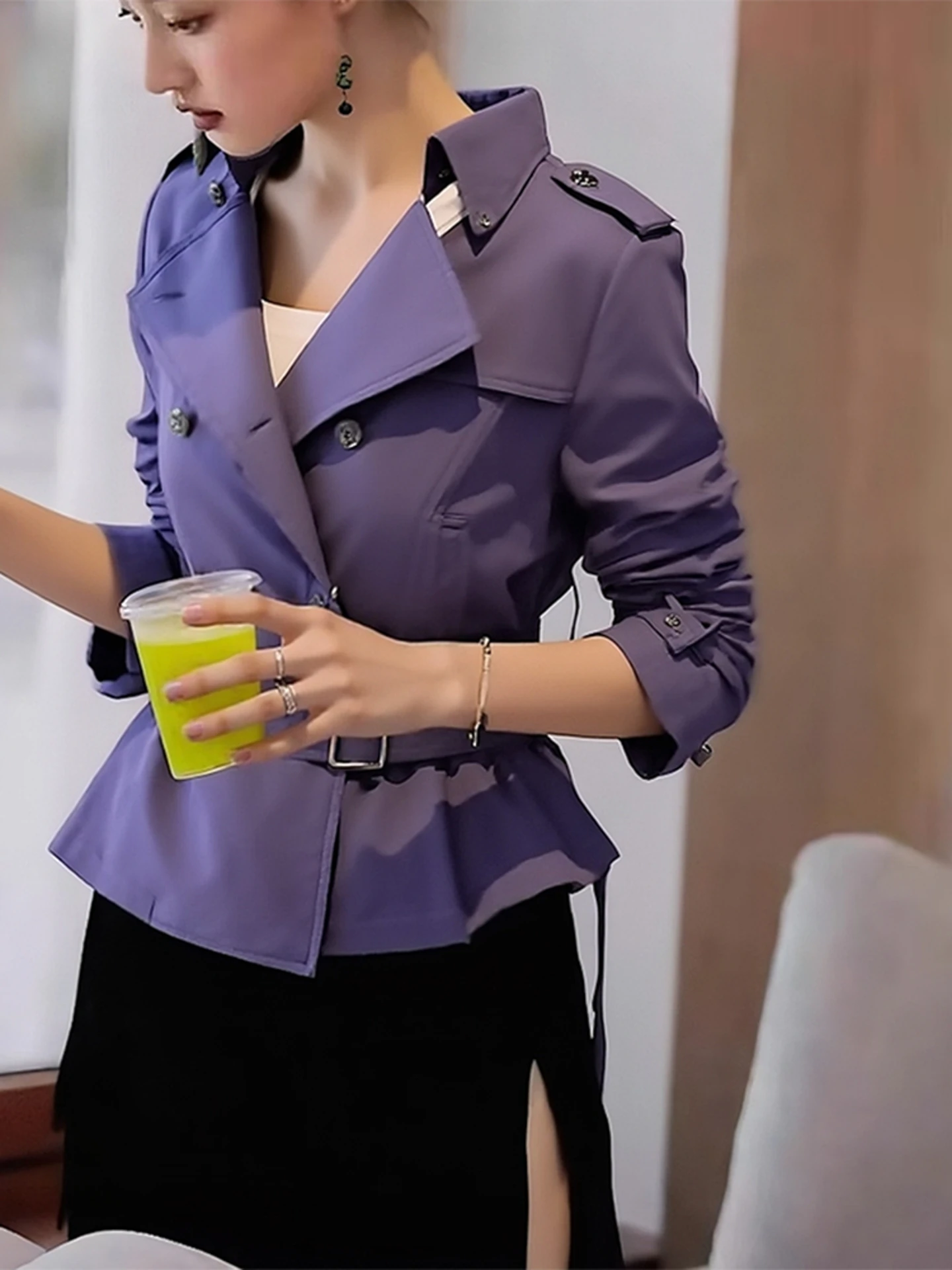 엘레 오르트 퍼플 더블 브레스티드 여성 재킷 봄 가을 출퇴근 디자인 경량 허리 조임 탑