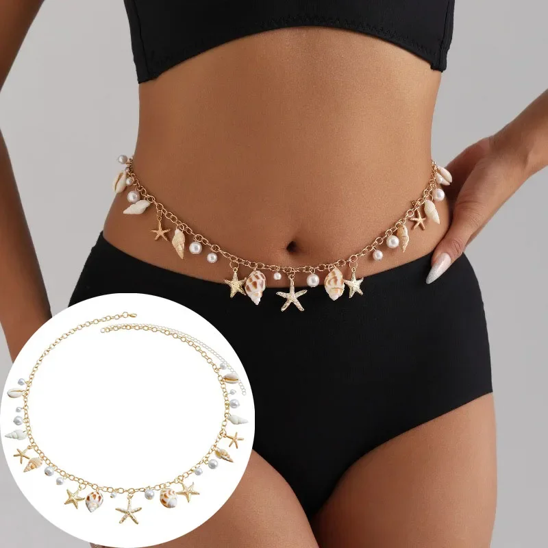 Monolayer Starfish Shell Pendant Hollow Out Alloy Waist Chain Beach Bikini Body Chain Jewelry Festival Outfit Summer Chains