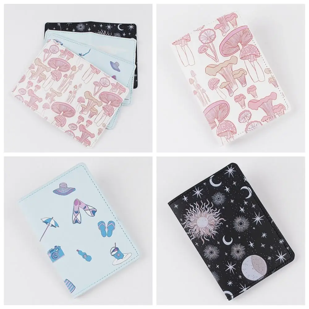 Cute Pattern Print Leather Passport Holder Mushroom Star Certificate Storage Bag Multifunctional Airplane Check-in Passport Clip