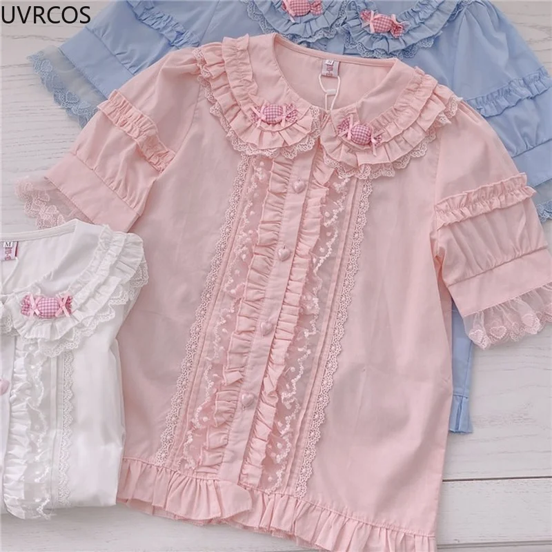 Japanese Lolita Style Blouse Women Kawaii Peter Pan Collar White Pink Blue Candy Blusas Girls Summer Lace Puff Sleeve Shirts Top