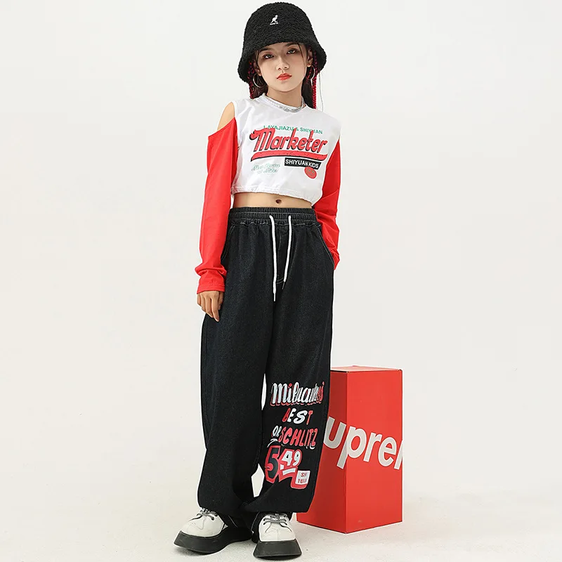 New Girls Hip Hop Dance Costumes Patchwork Off-the-shoulder Top Letter Print Jeans Kid Jazz Dance Performance Stage Rave Clothes