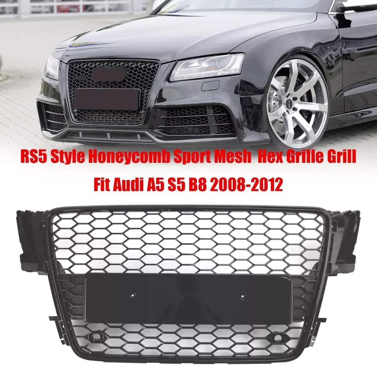 Car Front Bumper Grille Grill Honeycomb Sport Mesh RS5 Style HEX For AUDI A5/S5 B8 2008-2012 Gloss Black 8T0853651