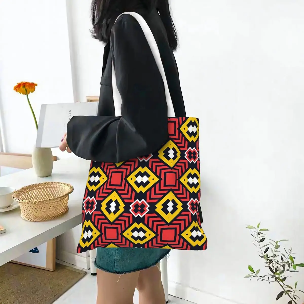 African Ankara Wax Print Shopping Bags Canvas The Tote Bag Folding for Girls Shoulder Tote Travel Handbag